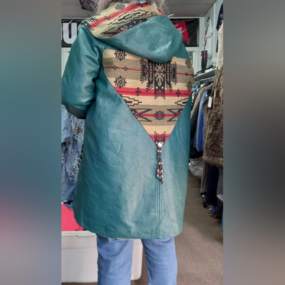 Vintage Green Leather reversible Navajo pattern hooded Jacket.